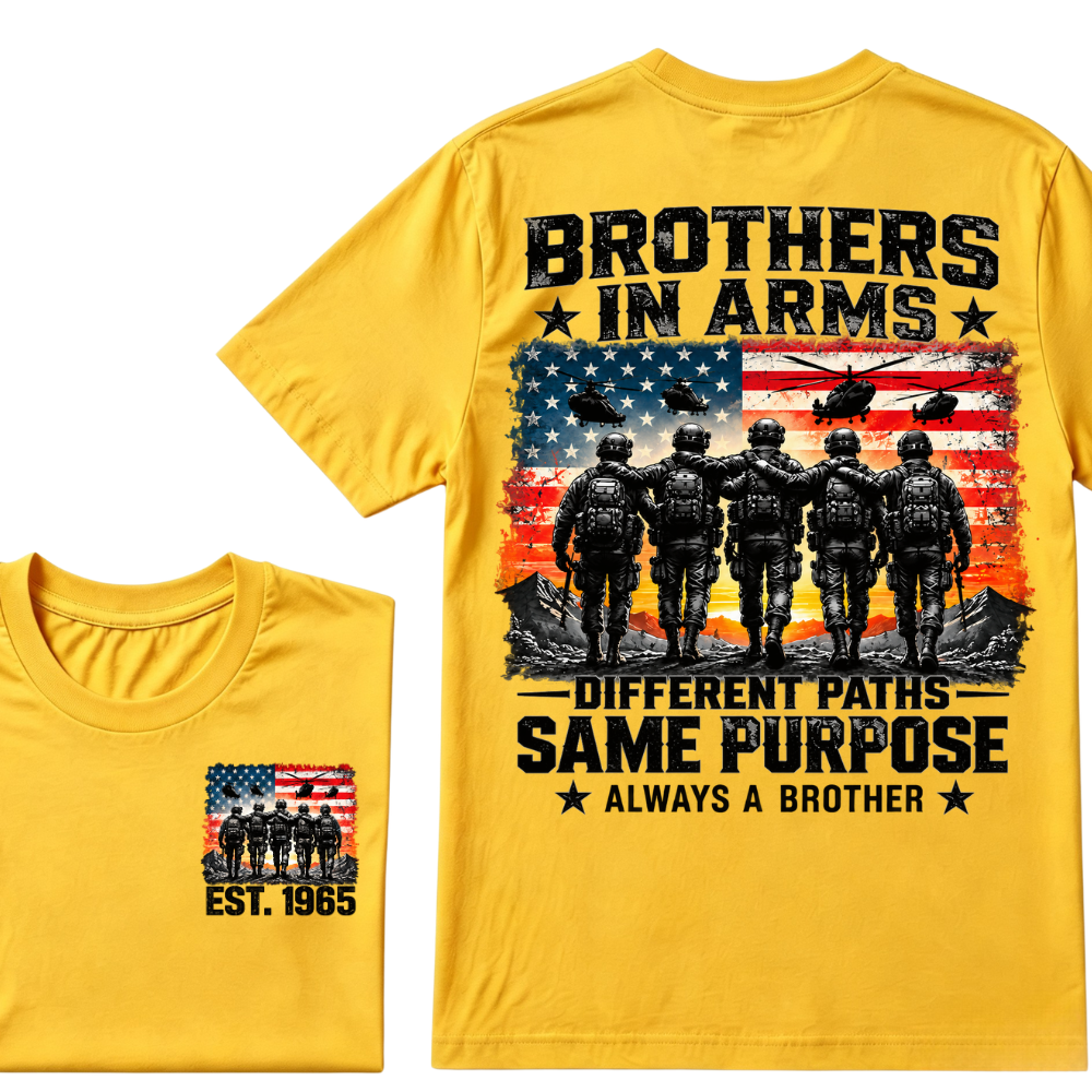 Custom Year Brothers In Arms Veteran Tee | US Soldiers USA Flag Helicopter Double Sided Print Mens Military Graphic T-Shirt