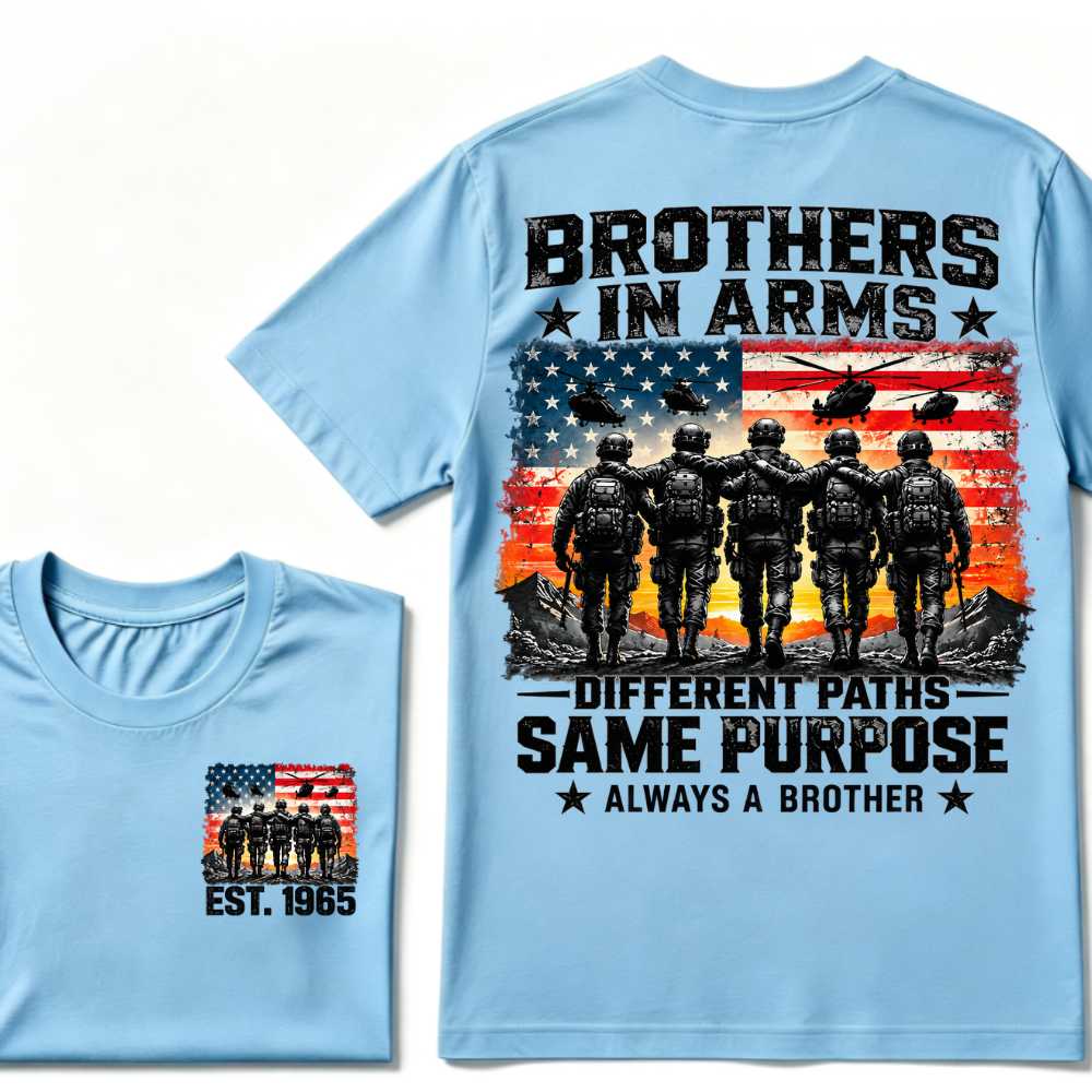 Custom Year Brothers In Arms Veteran Tee | US Soldiers USA Flag Helicopter Double Sided Print Mens Military Graphic T-Shirt