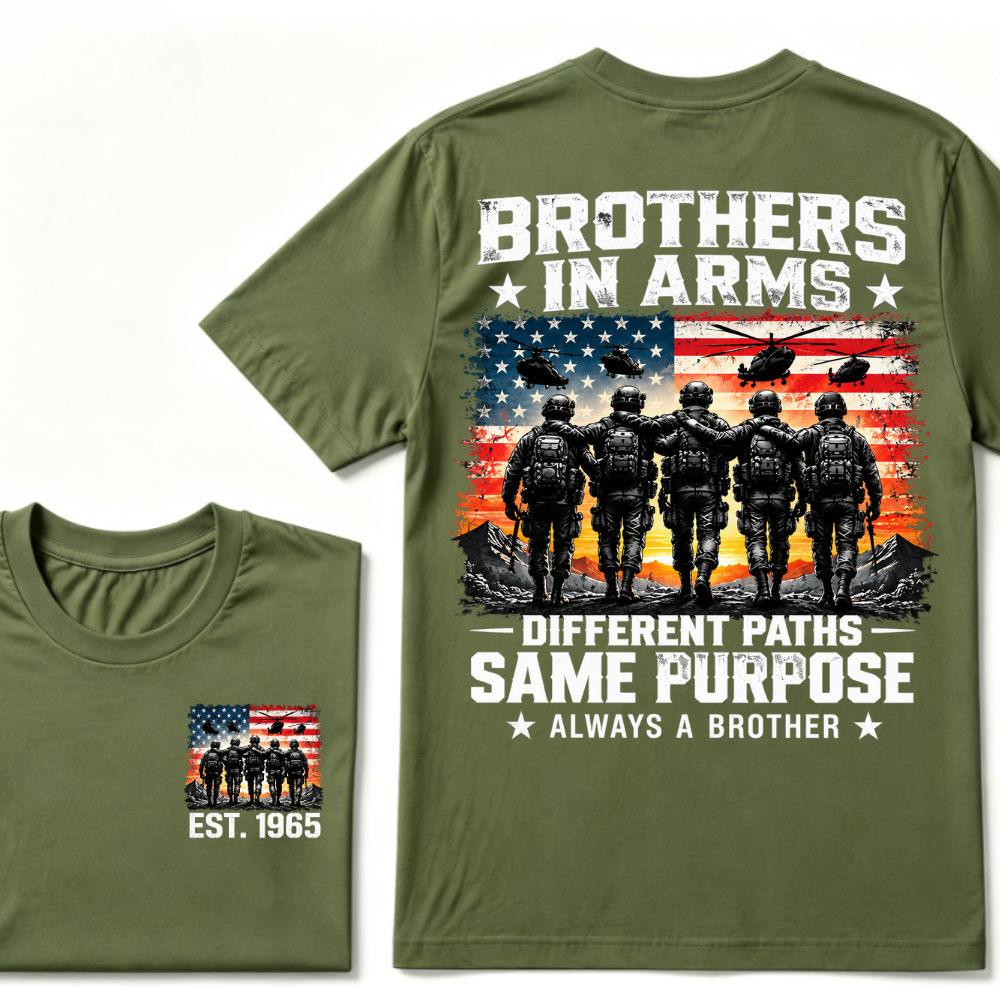 Custom Year Brothers In Arms Veteran Tee | US Soldiers USA Flag Helicopter Double Sided Print Mens Military Graphic T-Shirt
