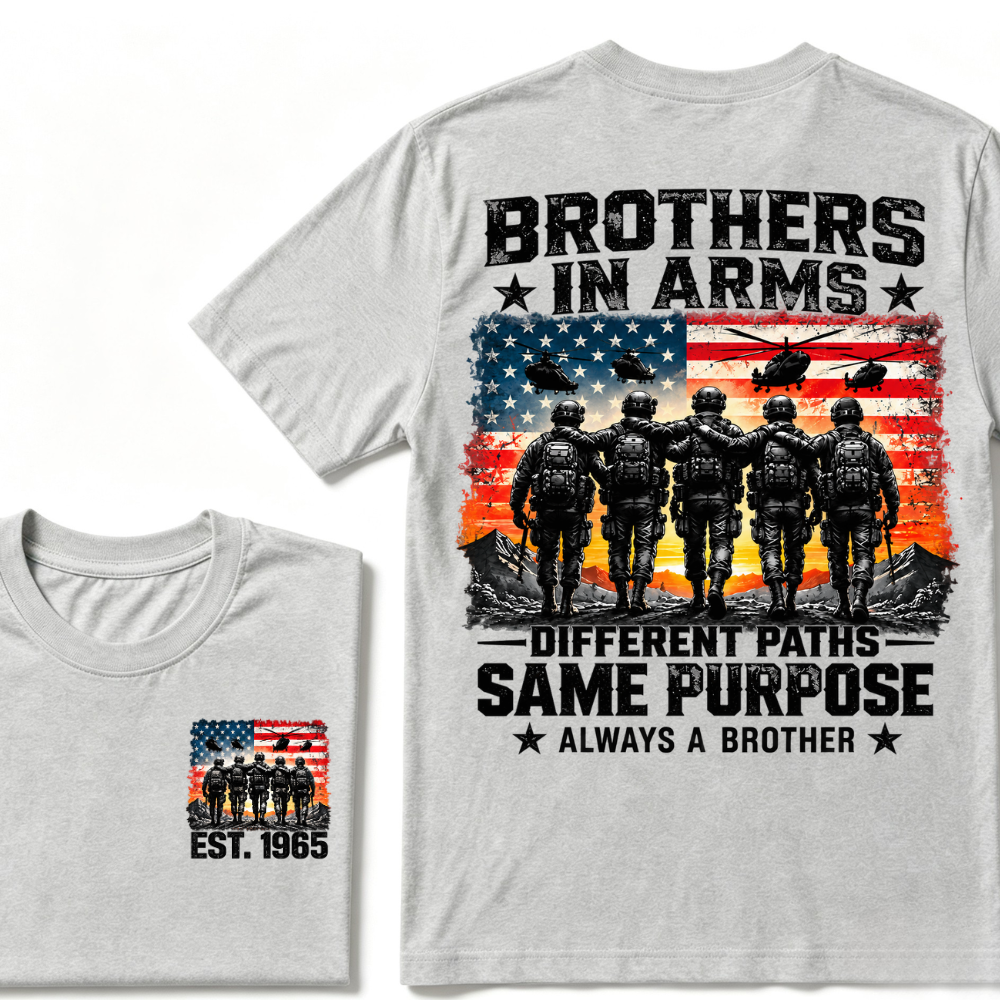 Custom Year Brothers In Arms Veteran Tee | US Soldiers USA Flag Helicopter Double Sided Print Mens Military Graphic T-Shirt