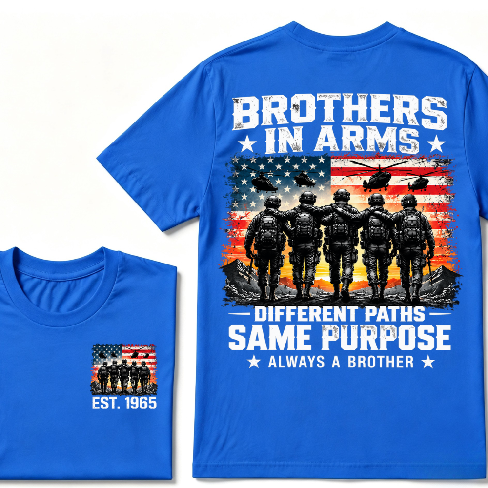 Custom Year Brothers In Arms Veteran Tee | US Soldiers USA Flag Helicopter Double Sided Print Mens Military Graphic T-Shirt