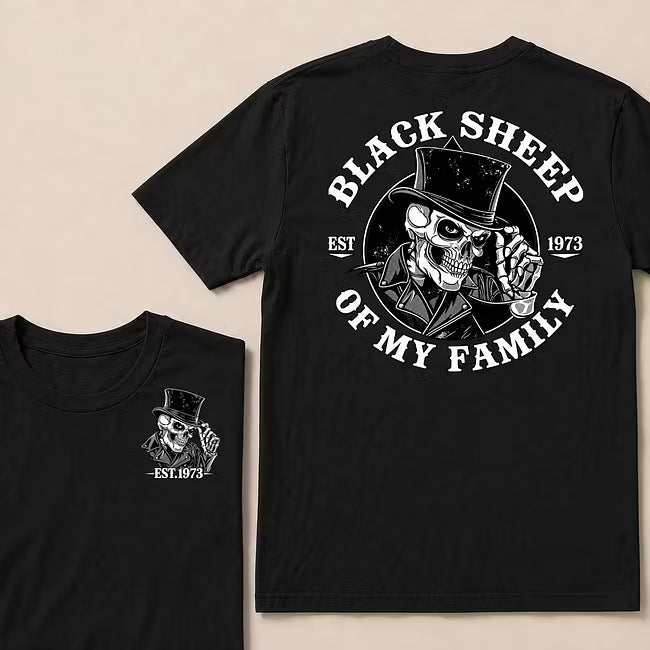 Black Sheep Of My Family Vintage Top Hat Skeleton Skull EST.Year T-Shirt, Gothic Family Quote Graphic Tee