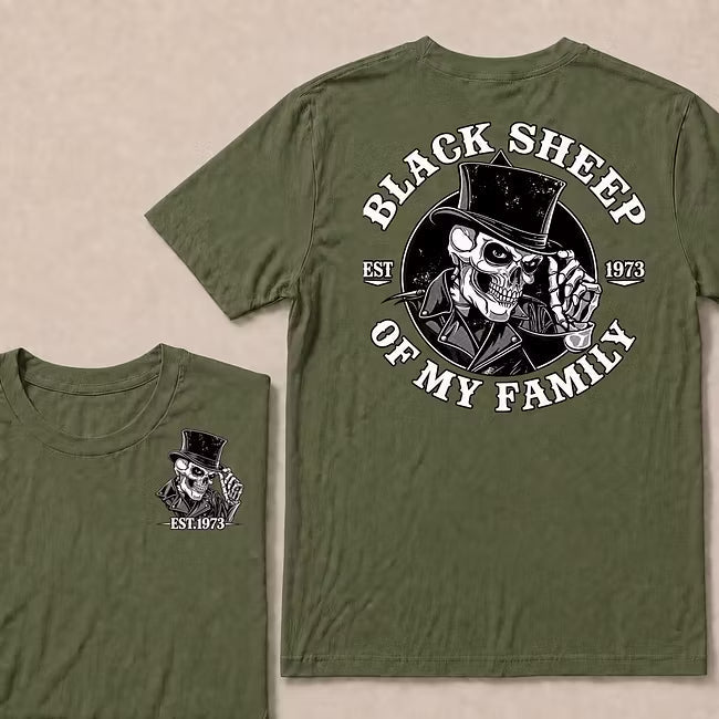 Black Sheep Of My Family Vintage Top Hat Skeleton Skull EST.Year T-Shirt, Gothic Family Quote Graphic Tee