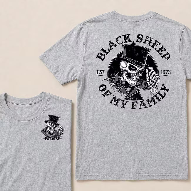 Black Sheep Of My Family Vintage Top Hat Skeleton Skull EST.Year T-Shirt, Gothic Family Quote Graphic Tee