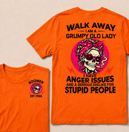 Walk Away I Am A Grumpy Old Lady Skull Coffee Funny Custom Year T-shirt