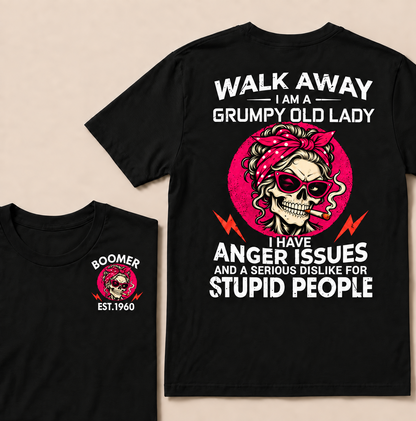 Walk Away I Am A Grumpy Old Lady Skull Coffee Funny Custom Year T-shirt