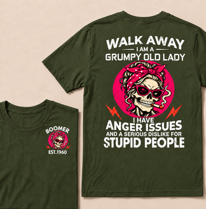 Walk Away I Am A Grumpy Old Lady Skull Coffee Funny Custom Year T-shirt