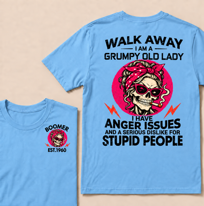 Walk Away I Am A Grumpy Old Lady Skull Coffee Funny Custom Year T-shirt
