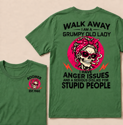 Walk Away I Am A Grumpy Old Lady Skull Coffee Funny Custom Year T-shirt