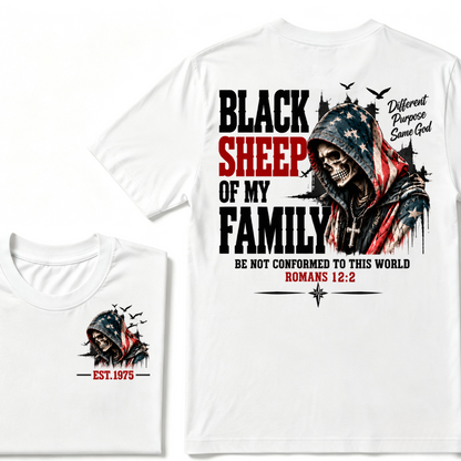 Black Sheep Of My Family Romans 12:2 EST.Year American Flag Skull Print T‑Shirt Christian Faith Vintage Graphic Tee