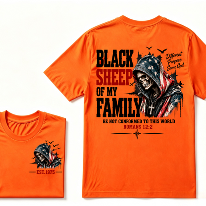 Black Sheep Of My Family Romans 12:2 EST.Year American Flag Skull Print T‑Shirt Christian Faith Vintage Graphic Tee