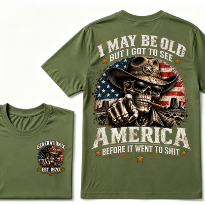 Generation X EST.Year Cowboy Skull American Flag T-Shirt I May Be Old But I Got To See America Vintage Western Patriotic Tee