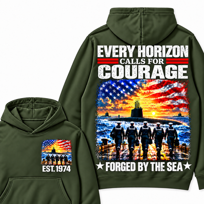 EVERY HORIZON CALLS FOR COURAGE FORGED BY THE SEA Custom Your Birth Year Hoodie