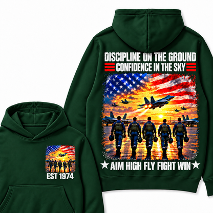 DISCIPLINE ON THE GROUND CONFIDENCE IN THE SKY AIM HIGH FLY FIGHT WIN Custom Your Birth Year Hoodie