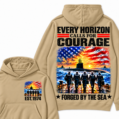 EVERY HORIZON CALLS FOR COURAGE FORGED BY THE SEA Custom Your Birth Year Hoodie