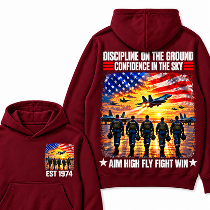 DISCIPLINE ON THE GROUND CONFIDENCE IN THE SKY AIM HIGH FLY FIGHT WIN Custom Your Birth Year Hoodie