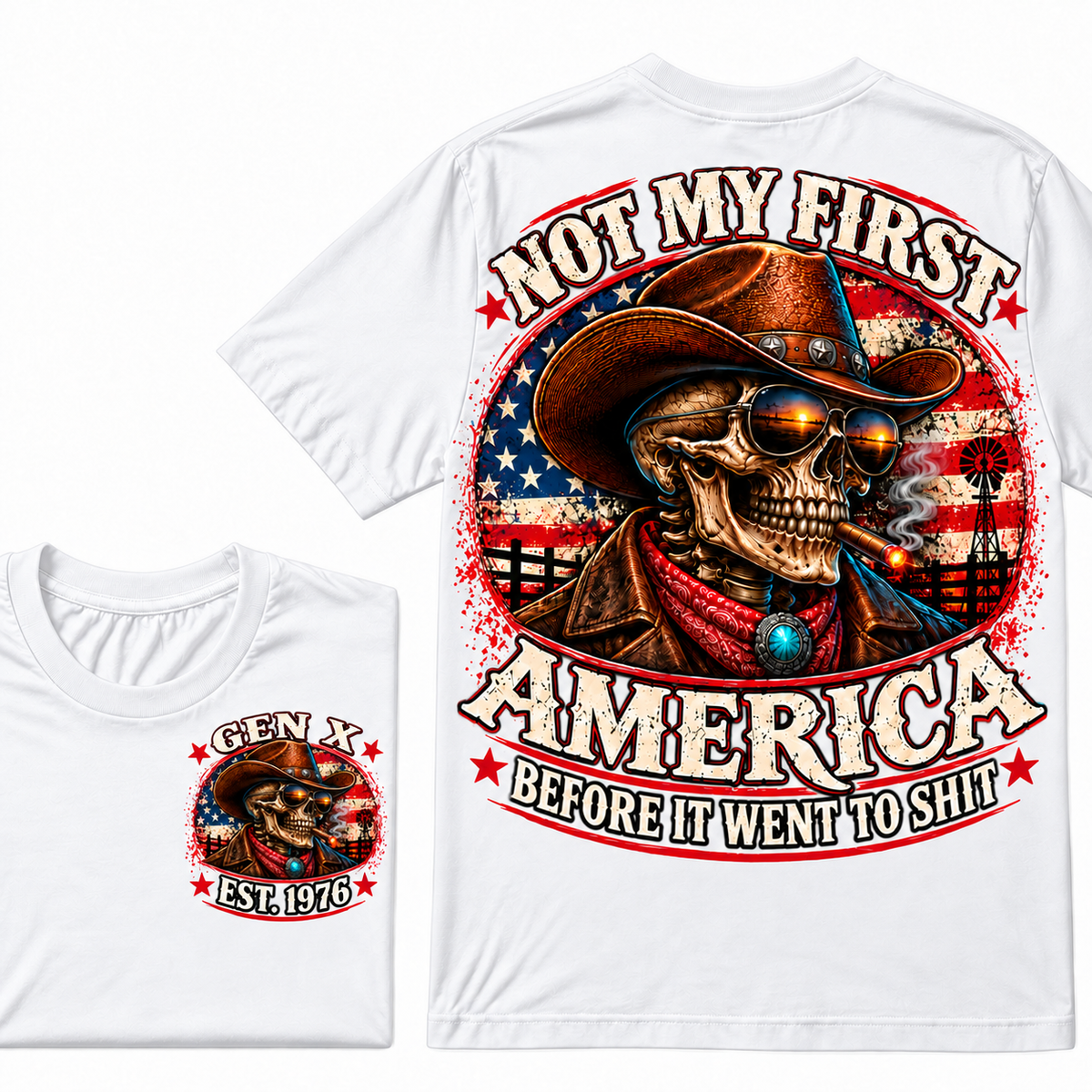 Cowboy Skull American Flag I May Be Old But I Got To See America Vintage Graphic T-Shirt Custom Year  T-Shirt