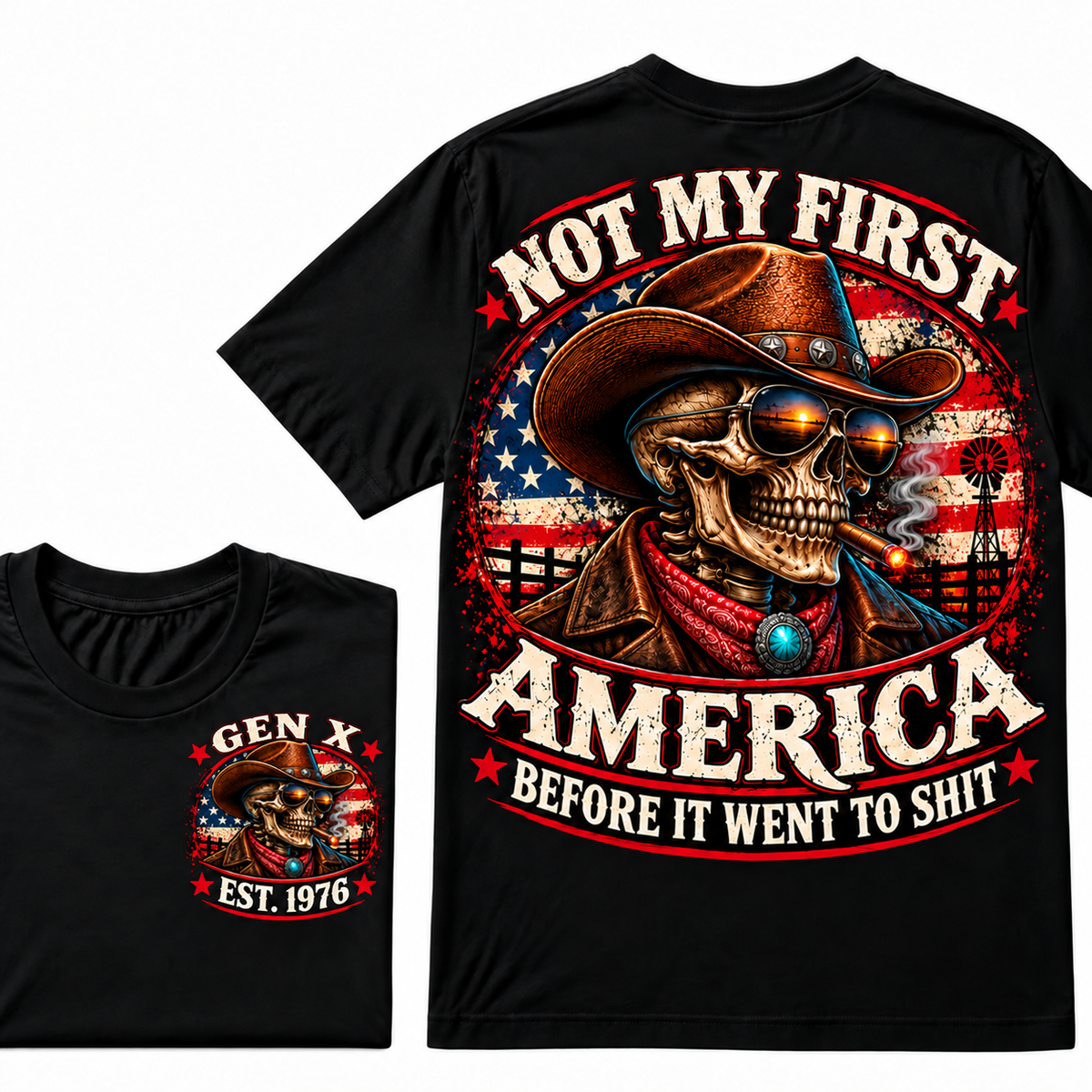 Cowboy Skull American Flag I May Be Old But I Got To See America Vintage Graphic T-Shirt Custom Year  T-Shirt
