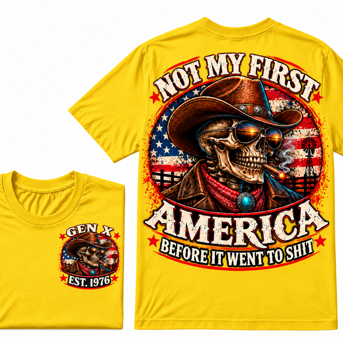 Cowboy Skull American Flag I May Be Old But I Got To See America Vintage Graphic T-Shirt Custom Year  T-Shirt