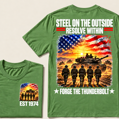 STEEL ON THE OUITSIDE RESOLVE WITHIN FORGE THE THUNDERBOLT Custom Year T-shirt