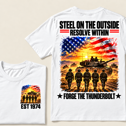 STEEL ON THE OUITSIDE RESOLVE WITHIN FORGE THE THUNDERBOLT Custom Year T-shirt