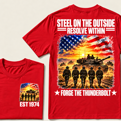 STEEL ON THE OUITSIDE RESOLVE WITHIN FORGE THE THUNDERBOLT Custom Year T-shirt