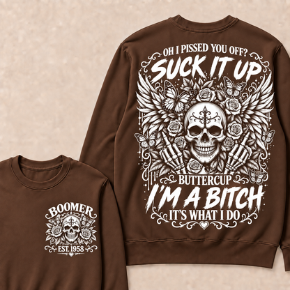 Custom Year Boomer Suck It Up Buttercup Skull Graphic Sweatshirt