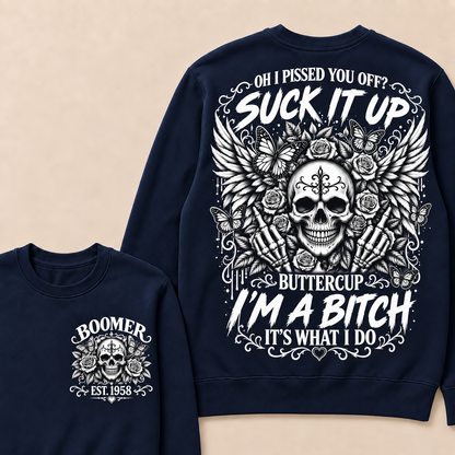Custom Year Boomer Suck It Up Buttercup Skull Graphic Sweatshirt