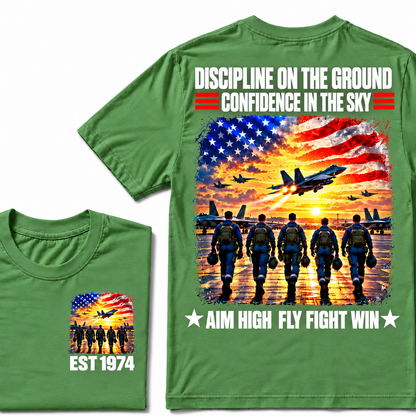 DISCIPLINE ON THE GROUND CONFIDENCE IN THE SKY AIM HIGH FLY FIGHT WIN Custom Year Tee