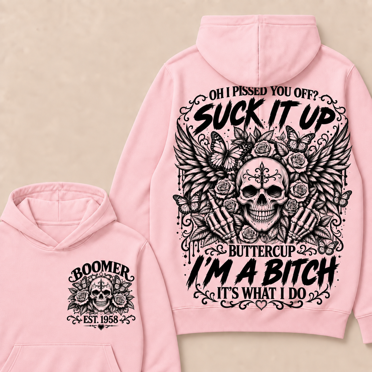 Custom Year Boomer Suck It Up Buttercup Skull Graphic Hoodie