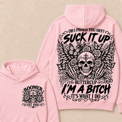 Custom Year Boomer Suck It Up Buttercup Skull Graphic Hoodie