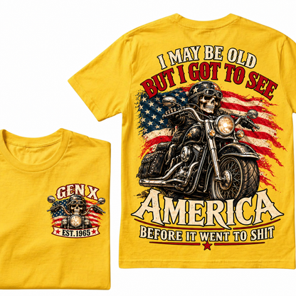Funny Gen X Biker T-Shirt, Vintage Motorcycle Skull American Flag Tee, Retro 1965 Gen X Gift, Patriotic Biker Shirt