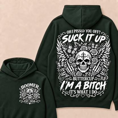Custom Year Boomer Suck It Up Buttercup Skull Graphic Hoodie