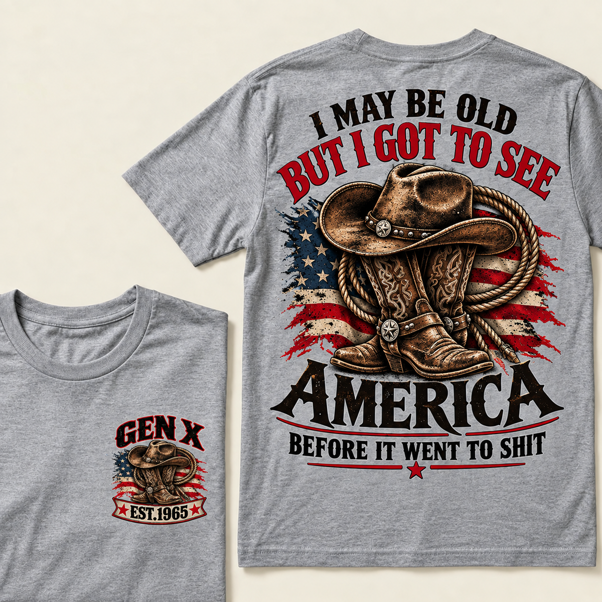 Funny Gen X Cowboy T-Shirt, Vintage Western American Flag Tee, Retro 1965 Gen X Gift, Patriotic Country Shirt