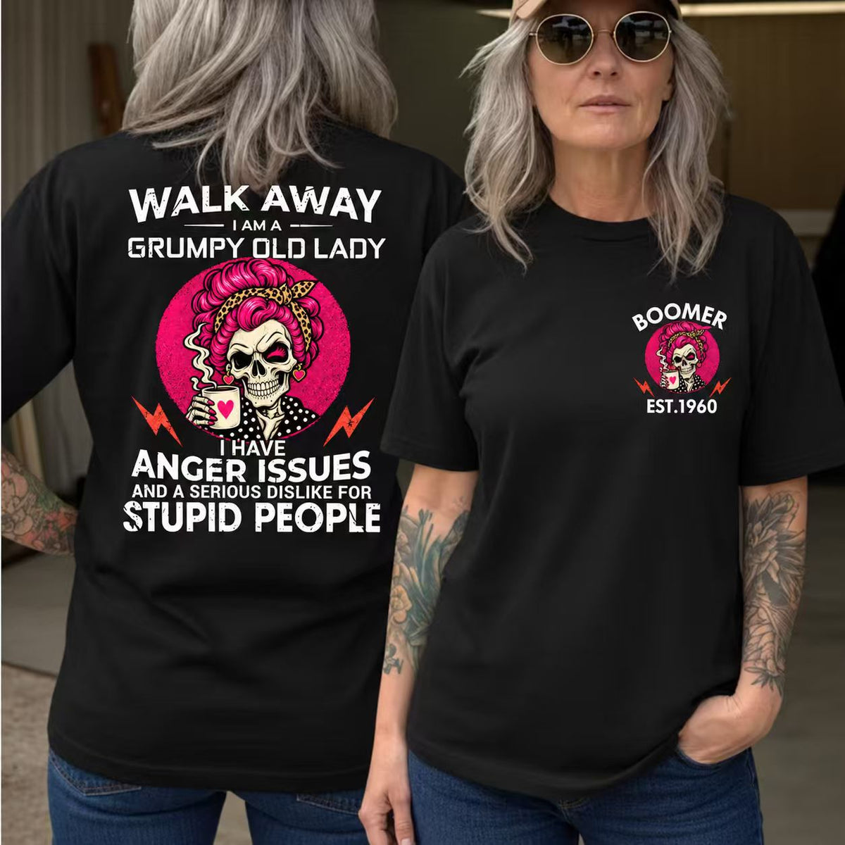 Walk Away I Am A Grumpy Old Lady Skull Coffee Funny Custom Year T-shirt