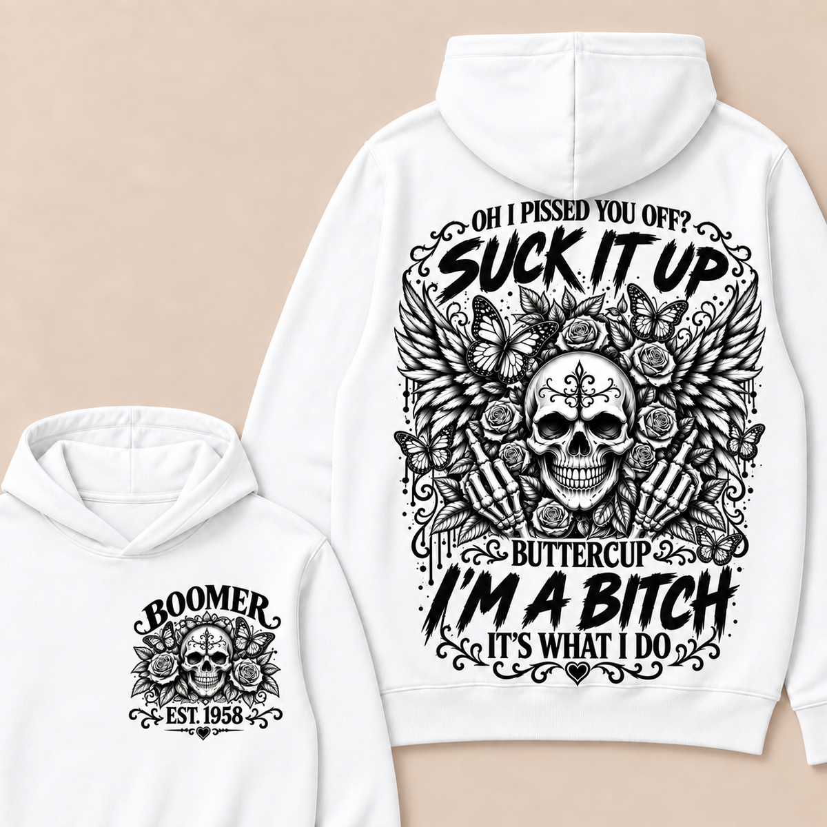 Custom Year Boomer Suck It Up Buttercup Skull Graphic Hoodie