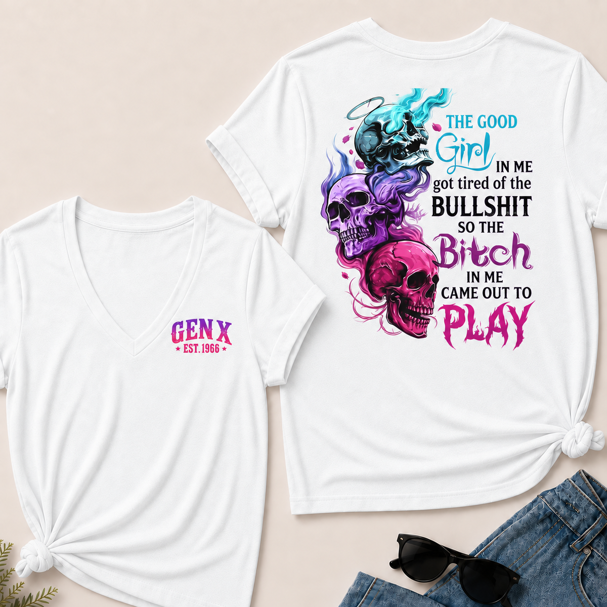 Personalized Gen X Good Girl Gone Bad Skull Woman's V-neck