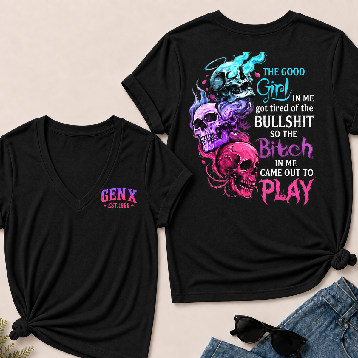 Personalized Gen X Good Girl Gone Bad Skull Woman's V-neck