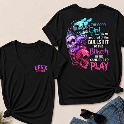 Personalized Gen X Good Girl Gone Bad Skull Woman's V-neck
