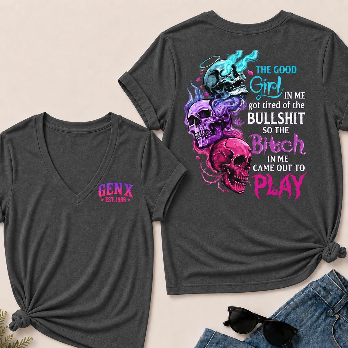 Personalized Gen X Good Girl Gone Bad Skull Woman's V-neck