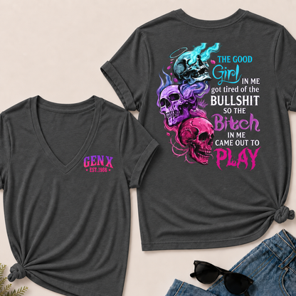 Personalized Gen X Good Girl Gone Bad Skull Woman's V-neck