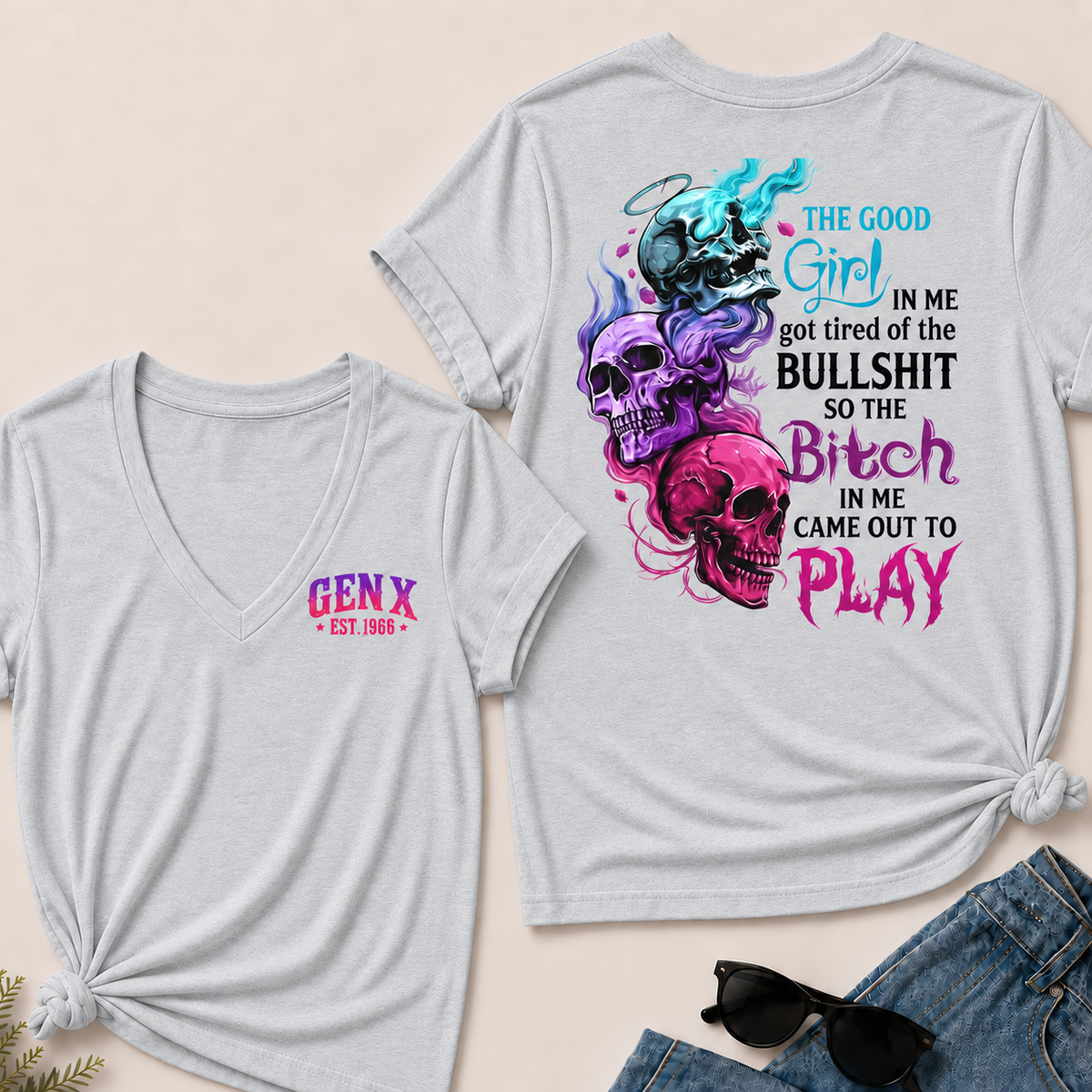 Personalized Gen X Good Girl Gone Bad Skull Woman's V-neck