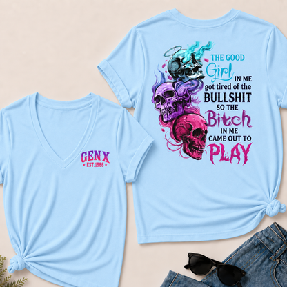 Personalized Gen X Good Girl Gone Bad Skull Woman's V-neck
