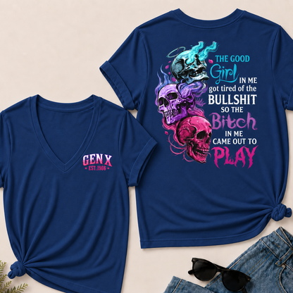 Personalized Gen X Good Girl Gone Bad Skull Woman's V-neck
