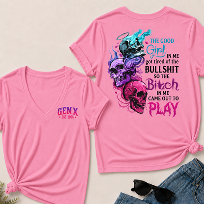 Personalized Gen X Good Girl Gone Bad Skull Woman's V-neck