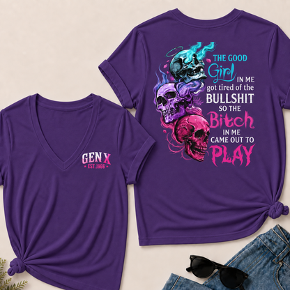Personalized Gen X Good Girl Gone Bad Skull Woman's V-neck