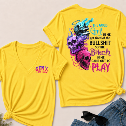 Personalized Gen X Good Girl Gone Bad Skull Woman's V-neck